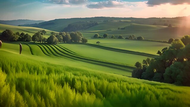 Green Field With Trees and Hills Generative AI