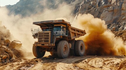 Massive Rock Hauler Excavates Stone from Rugged Quarry Kicking Up Clouds of Dust - obrazy, fototapety, plakaty