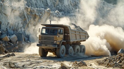 Massive Rock Truck Hauling Tons of Stone in Sprawling Quarry Landscape