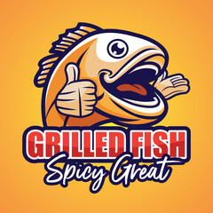Grilled Fish Logo Design Restaurant Fish Thumbup Smile Mascot Vector Design