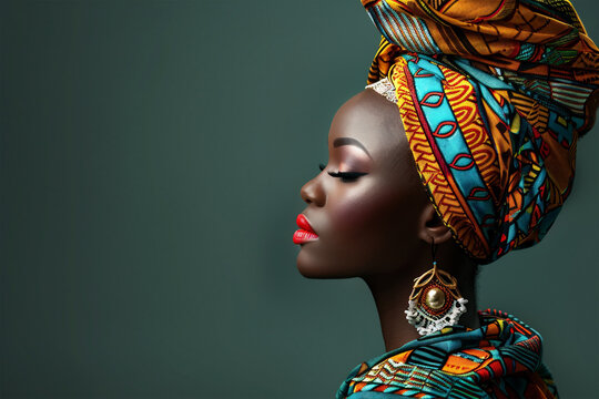 A side profile of an African woman in vibrant traditional headwrap