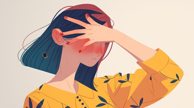 Illustration of a woman expressing disappointment or shame through a facepalm gesture depicted in a flat 2d style against a white backdrop The image captures a frustrated woman regretting a