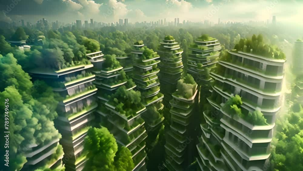 Poster towering building covered in lush trees generative ai