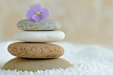 Round stones of different sizes stacked on top of each other, with one purple flower on the top, beige background, zen