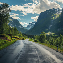 Naklejka premium asphalt road in mountains beautiful landscape wallpaper 