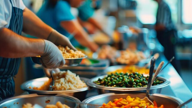 Softly blurred snapshot of a community meal program showcasing the volume of hungry individuals depending on the support and generosity of others. .