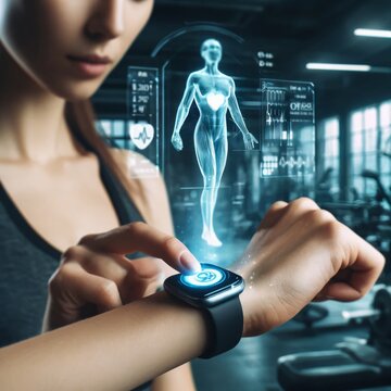 Person Using Smartwatch with Holographic Health Interface in Gym