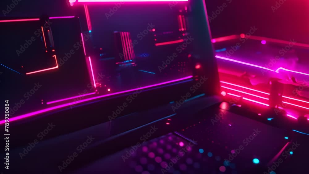 Poster laptop computer on neon-lit table generative ai