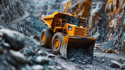 Massive electric shovel efficiently excavating and loading ore in a bustling open pit mining