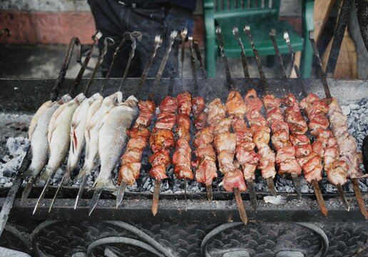 Barbeque of pork & fish on Lake Ritsa