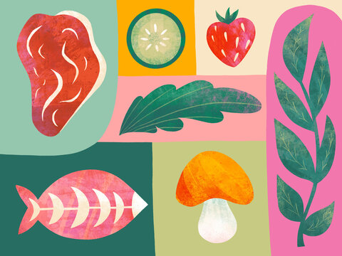 The colorful board with food elements