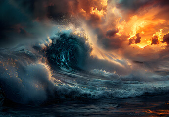 Huge blue ocean waves crashing at sunset during large swell in heavy storm wallpaper background, Seascape and disaster of nature concept, Digital art illustration. - obrazy, fototapety, plakaty