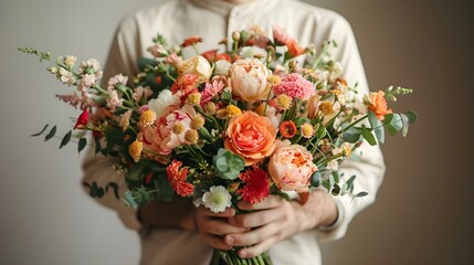 Joyful Gesture: Man with Vibrant Bouquet, Minimalist Elegance. Concept Nature-inspired Backdrops, Romantic Couple Poses, Candid Moments