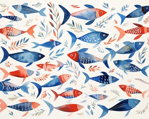 Obraz premium Watercolor fishes swimming, vibrant patterns, blue and red hues, with whimsical tail details , high resolution