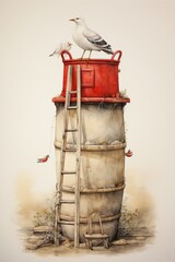 Watercolor crafted vessel, rustic ladder, seagull at rest, red and cream colors, heart emblem ,  high resolution