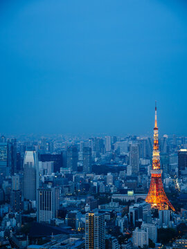 Aerial view of the city of tokyo at dusk
