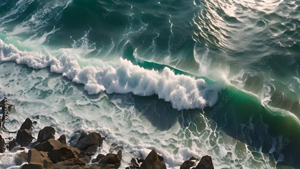 Poster aerial view of wave breaking on rocks generative ai