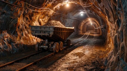Hauling Valuable Minerals from the Depths of a Dimly Lit Underground Mine Tunnel - obrazy, fototapety, plakaty