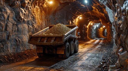 Massive Ore Hauler Transporting Valuable Minerals Through Dimly Lit Tunnels of Underground Mine - obrazy, fototapety, plakaty