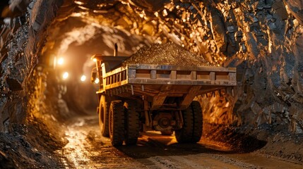 Massive Ore Hauler Transporting Valuable Minerals Through Dimly Lit Underground Tunnel - obrazy, fototapety, plakaty