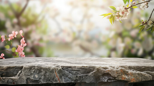 Empty Old Stone Table with Blurred Spring Theme in Background, Perfect for Product Display.