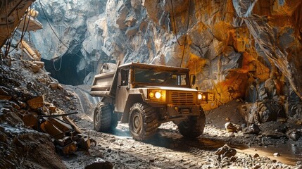 Utility Vehicle Transporting Workers Through Rugged Underground Terrain