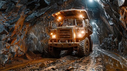 Rugged Utility Vehicle Transporting Workers Through Illuminated Underground Tunnel