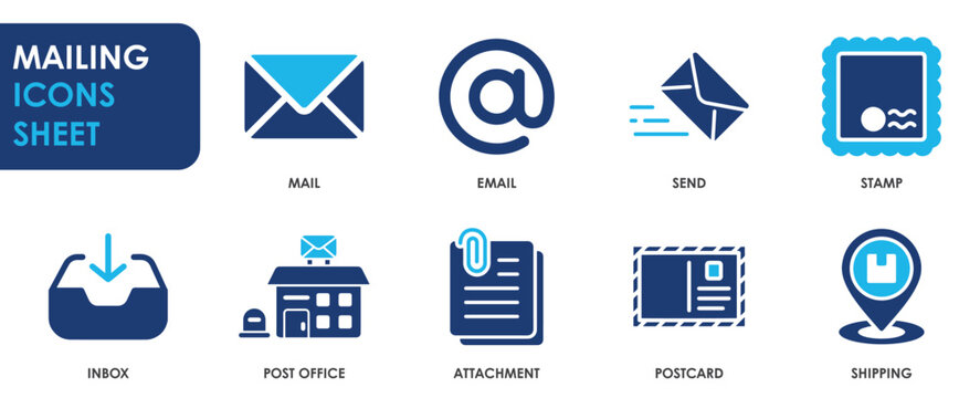 Mailing icon set. Containing mail, email, shipping, stamp, inbox and so on. Flat mail icons set.