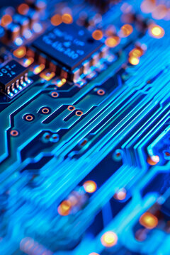 A close up of a blue circuit board with a lot of small lights on it