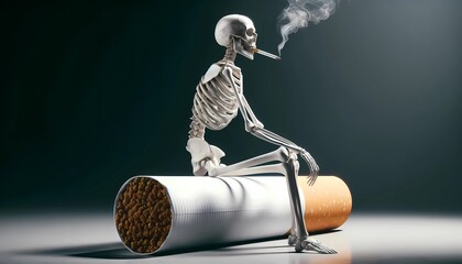No tobacco day awareness concept with Skeleton smoking symbolizing dangerous of nicotine addiction from cigarettes 