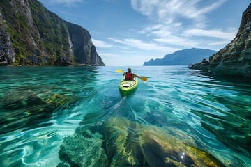 A kayaker in a bright yellow kayak paddles through the crystal-clear waters of a narrow channel...