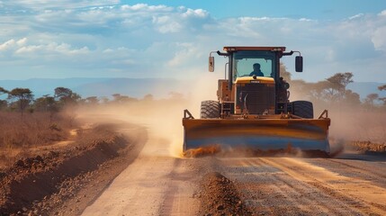 Rugged Grader Smoothing Dusty Roadway Through Remote Countryside Landscape - obrazy, fototapety, plakaty