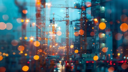 Defocused blurred lights and blurred lines of construction cranes and building materials create a chaotic yet captivating backdrop for the construction site. .