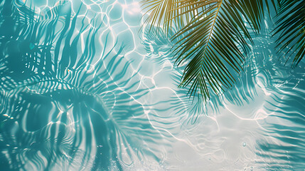 Fototapeta na wymiar Liquid art A palm tree reflected in electric blue water of a pool