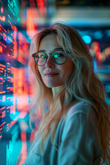 A woman with blonde hair and glasses is smiling at the camera