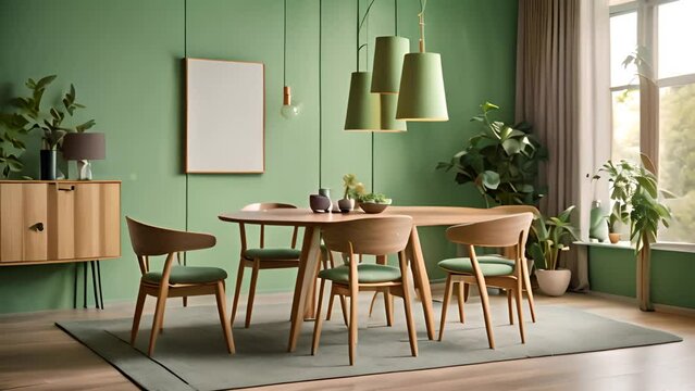 Green-Walled Dining Room With Wooden Furniture Generative AI