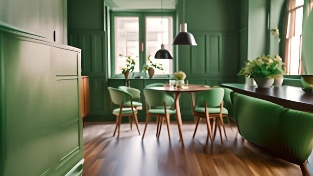 Stylish Dining Room With Green Walls and Chairs Generative AI