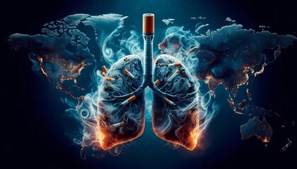Stop smoking concept with lungs burning from cigarettes for World No Tobacco Day awareness - obrazy, fototapety, plakaty