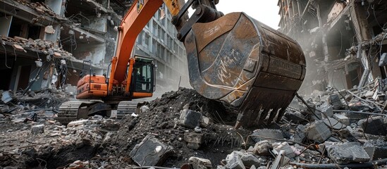 Hydraulic Excavator Powerfully Digging Through Demolished Building Debris - obrazy, fototapety, plakaty