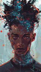 Illustration digital fantasy, contemplative black man with circuit inspired short hair and fluid digital elements, tech artist style.