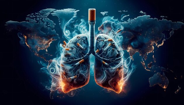 Stop smoking concept with lungs burning from cigarettes for World No Tobacco Day awareness