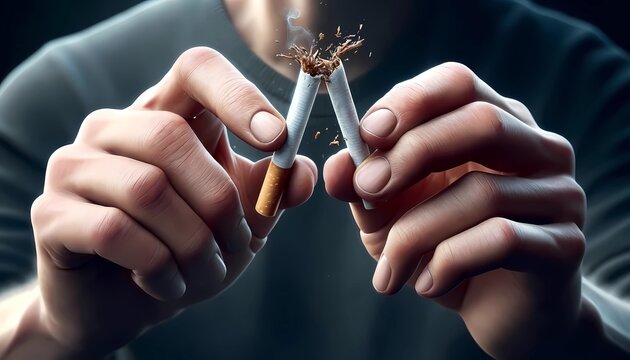 Stop smoking concept with man breaking a cigarette powerful visual for smoking cessation and world no tobacco campaigns