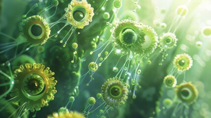 A creative depiction of a microalgae plant with tiny gears and turbines p inside each cell fueling the conversion of sunlight into energy. The potential of this tiny titan to power . - obrazy, fototapety, plakaty