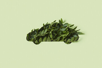 Green leaves growing out car shape hole cut from paper