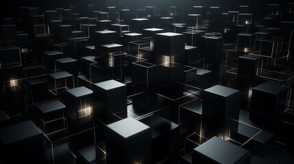 Obraz premium Dark-toned 3D squares building a geometric, minimalist supercomputer,
