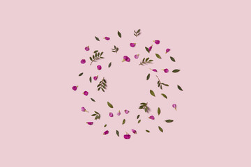 Round frame made of flower petals and leaves on pastel pink background