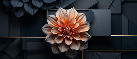 Dark-toned 3D squares unfolding into a minimalist digital flower, modern geometric,