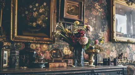 The hazy background of ornate wallpaper and gilded picture frames give a glimpse into the opulence of a time gone by at this enchanting shop. . - obrazy, fototapety, plakaty