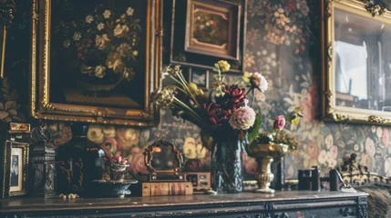 Foto op Canvas The hazy background of ornate wallpaper and gilded picture frames give a glimpse into the opulence of a time gone by at this enchanting shop. . © Justlight
