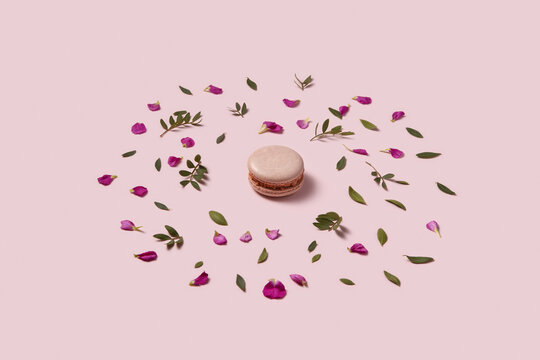 Macaron lying in middle of round frame made of petals and leaves